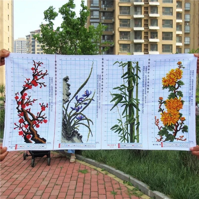 纯手工十字绣成品梅兰竹菊四君子四联画客厅书房挂画已绣好的出售