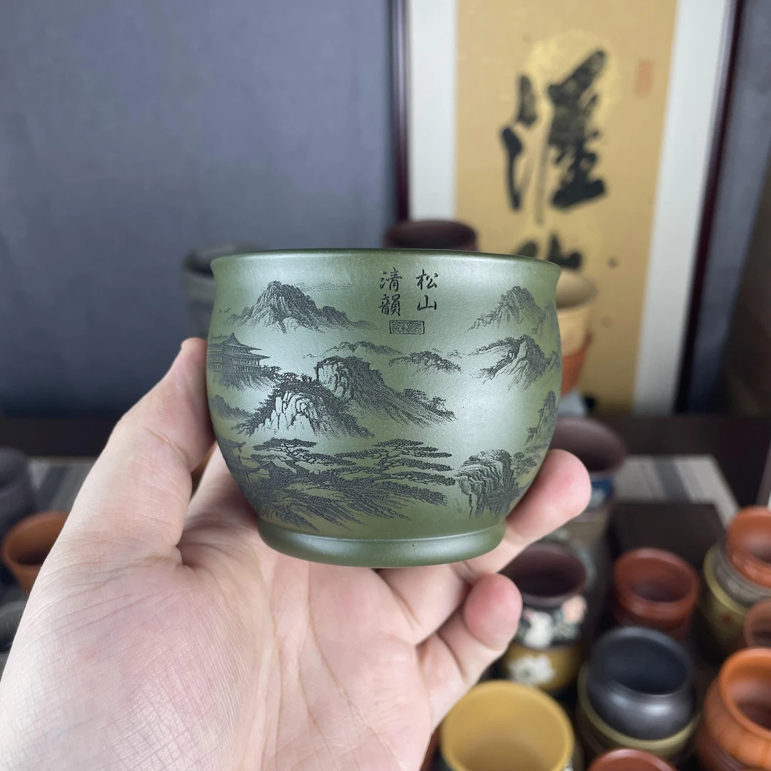 【汇雅馆】宜兴原矿紫砂老绿泥微刻山水水缸杯大容量主人杯功夫茶杯