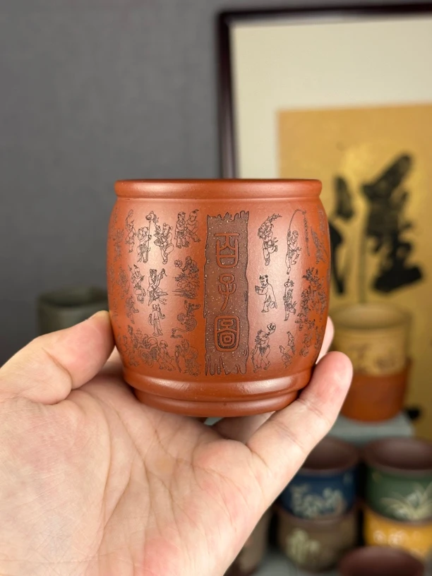 【汇雅馆】宜兴原矿紫砂百子图朱泥大红袍主人杯大容量品茗杯