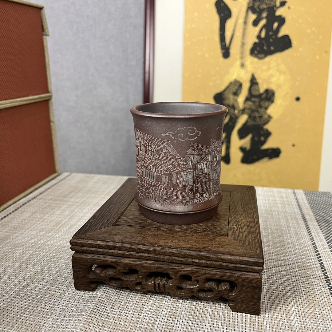 【汇雅馆】约150c宜兴原矿紫砂高温烧刻绘江南竹节杯古铜泥主人杯