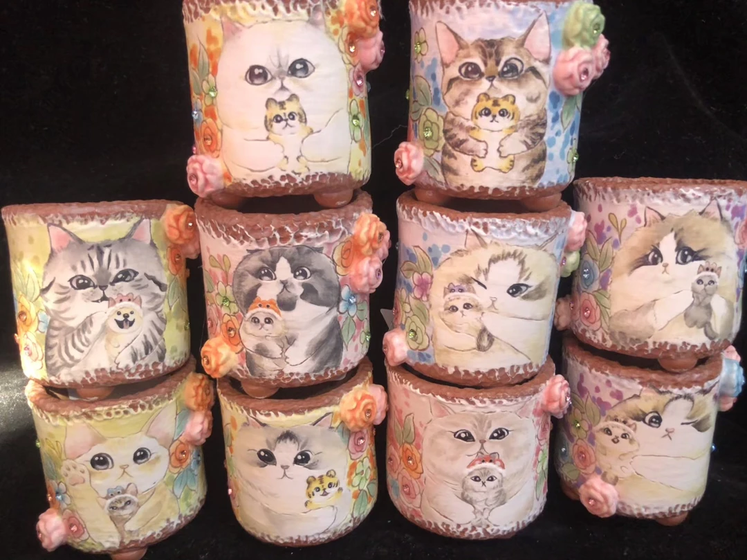 猫咪手绘立体玫瑰花套系盆，拇指盆，釉烧花盆，多肉花盆，手绘盆