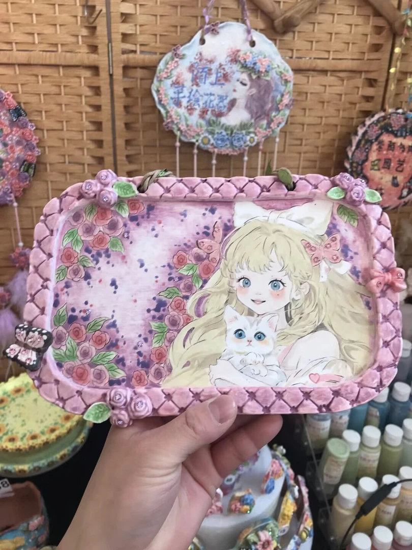 手绘女孩猫咪花语牌，可写字，多肉花语牌，手绘花语牌，釉烧花牌