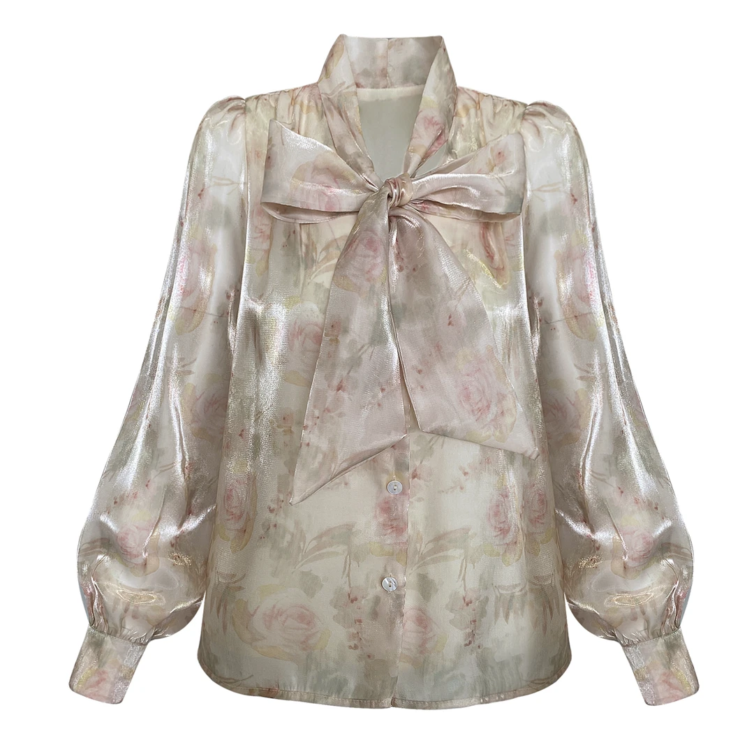 1694#CSIN宽松系带蝴蝶结衬衫女款2023款新款印花高贵上档次女装