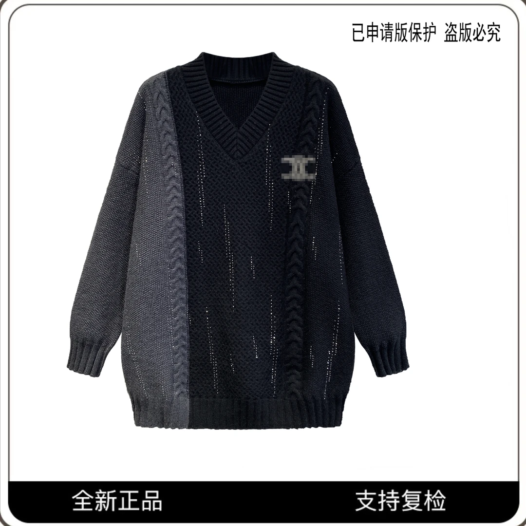 80037#拼色针织上衣2024高奢时尚圆领宽松套头毛衣