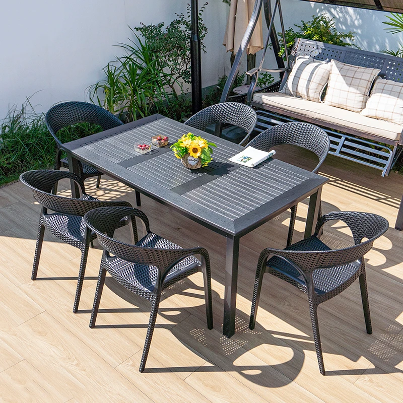 户外桌椅庭院花园茶桌塑木仿藤椅防水防晒铝合金外摆休闲桌椅组合