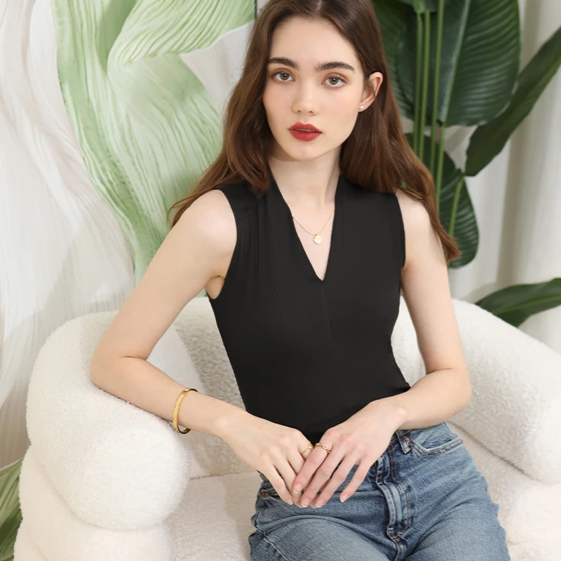 CANVAUS背心女V领外穿无袖罗纹棉质修身简约通勤内搭上衣夏V181A