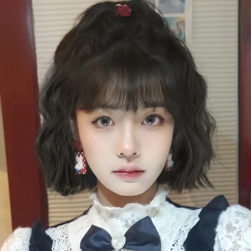假发女短发自然蓬松圆脸羊毛卷2023时尚新款水波纹短卷发全头套式