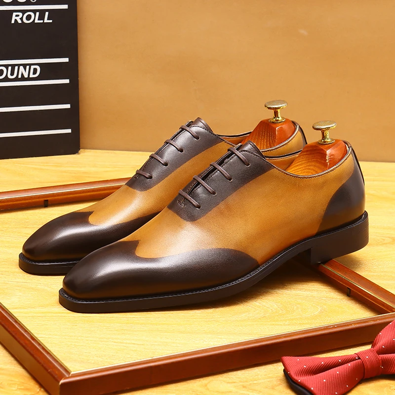 真皮一片式牛津鞋男士商务正装皮鞋时尚英伦风拼色休闲男皮鞋