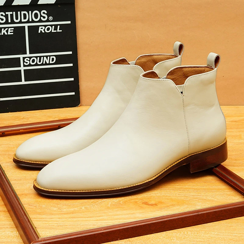 真皮切尔西靴男士牛皮马丁靴时尚白色高帮皮靴英伦风商务时装靴子