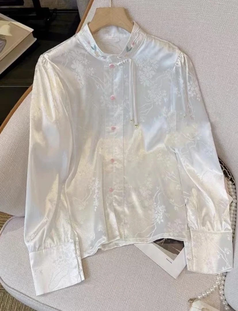 （十里桃花）中式国风复古高端时尚衬衣打底上衣白色百搭立领绣花