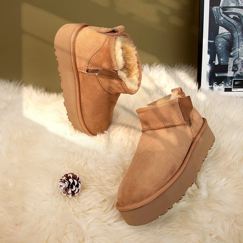 【厚底小皮标】2024新款周冬雨mini皮毛一体雪地靴防滑保暖潮流增高