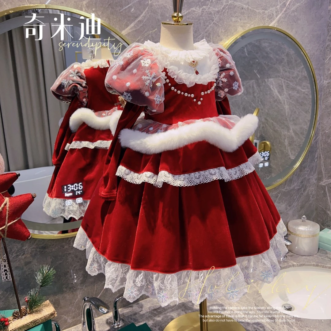 【雪公主】奇米迪女童加绒公主裙拜年服丝绒裙2022冬装新款44257
