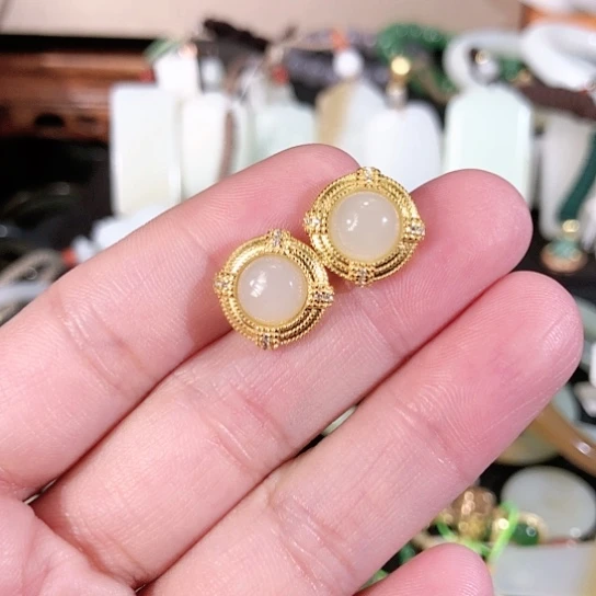 和田玉耳饰银S925镀金镶嵌