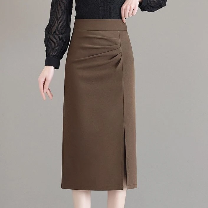 气质褶皱半身裙女秋冬新款一步西装包臀裙高腰开叉显瘦中长款裙子
