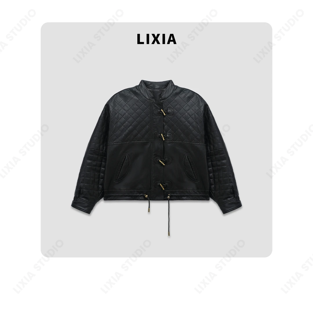 LIXIA【吸睛】全植鞣底摆抽绳手工切格内里充棉立领羊皮棉服-A8203