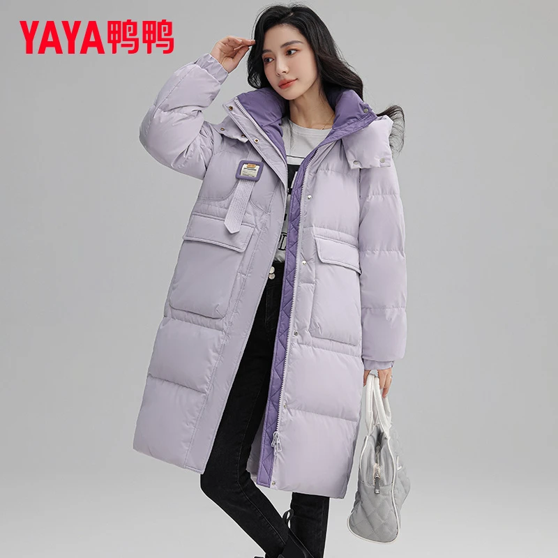 YAYA/鸭鸭羽绒服女2025年新款时尚连帽中长款加厚保暖冬季外套潮
