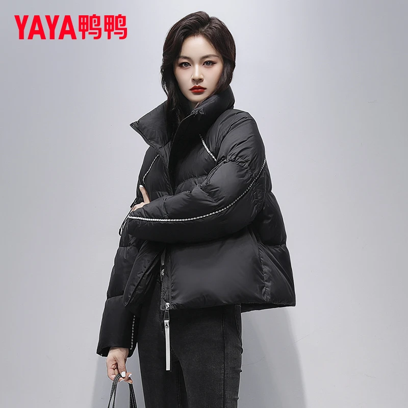 YAYA/鸭鸭短款羽绒服女2025秋冬新款时尚撞色鸭绒加厚保暖外套潮