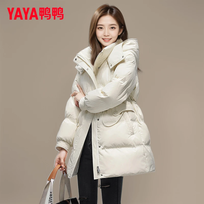 YAYA/鸭鸭品牌时尚中款羽绒服女款新款中长款收腰加厚冬季外套