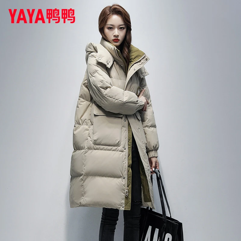 YAYA/鸭鸭羽绒服女2025年新款百搭连帽中长款加厚保暖冬季外套潮