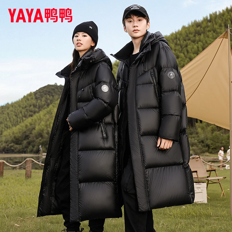 YAYA/鸭鸭情侣过膝长款羽绒服女冬季2024年新款连帽加厚防寒外套