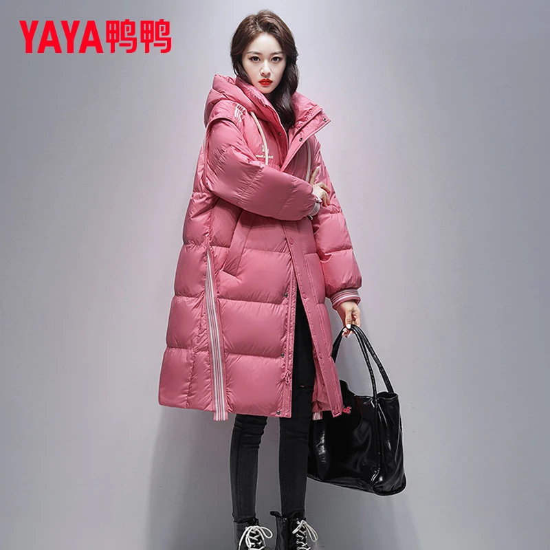 鸭鸭品牌时尚连帽加厚羽绒服女中长款2023年冬季新款BF宽松外套潮