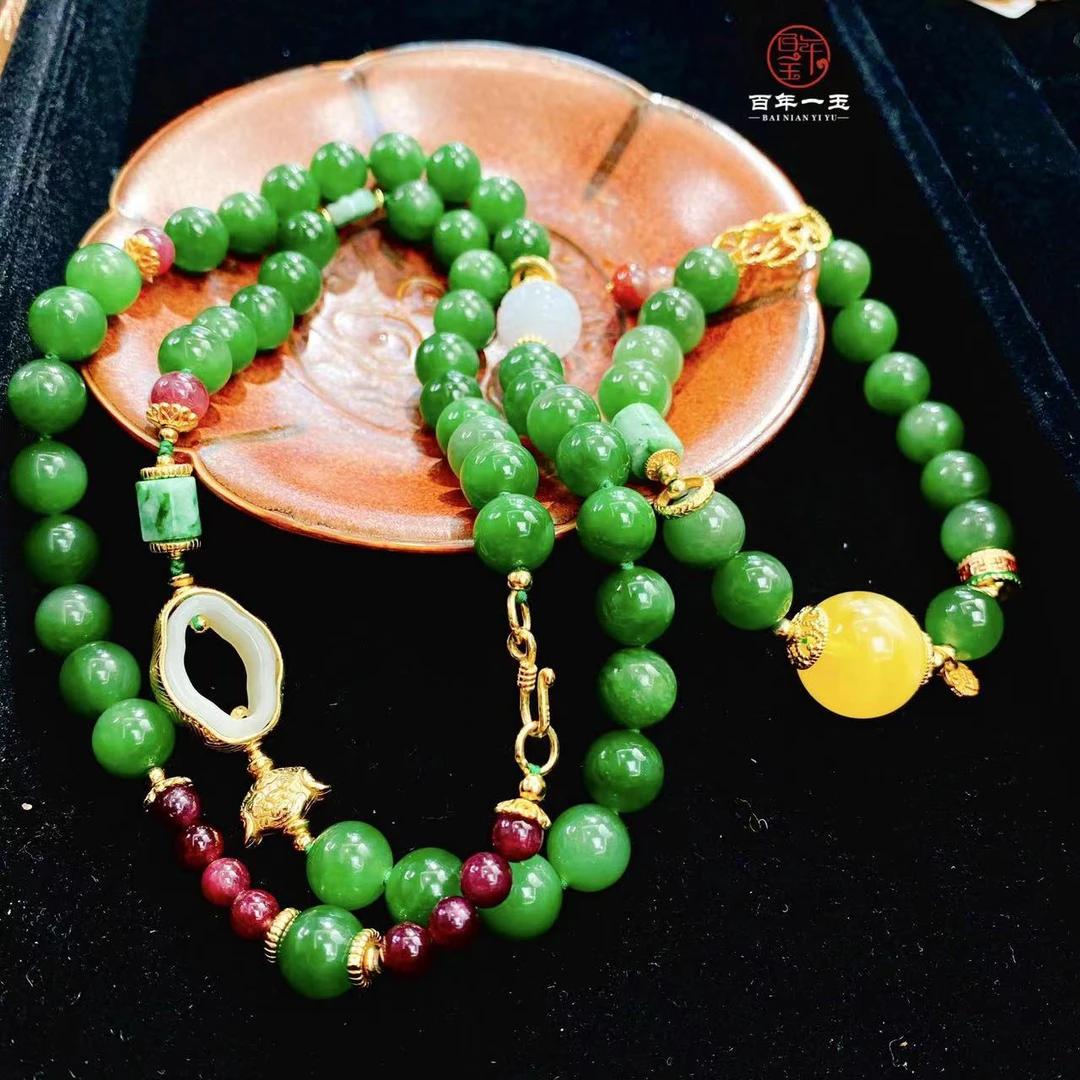 【福禄寿喜才】天然和S925银镀金田玉碧玉珠链国风复古设计-8785