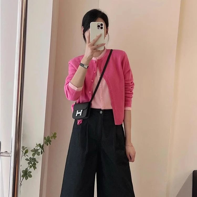 韩系粉色假两件针织开衫女秋冬季穿搭温柔慵懒风毛衣外套软糯上衣