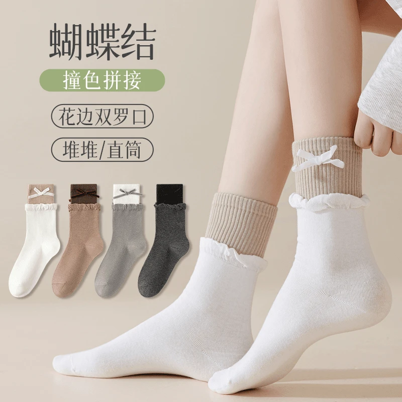 双罗口蝴蝶结女袜棉透秋季气吸汗泡泡口花边百搭英伦学院风中筒袜