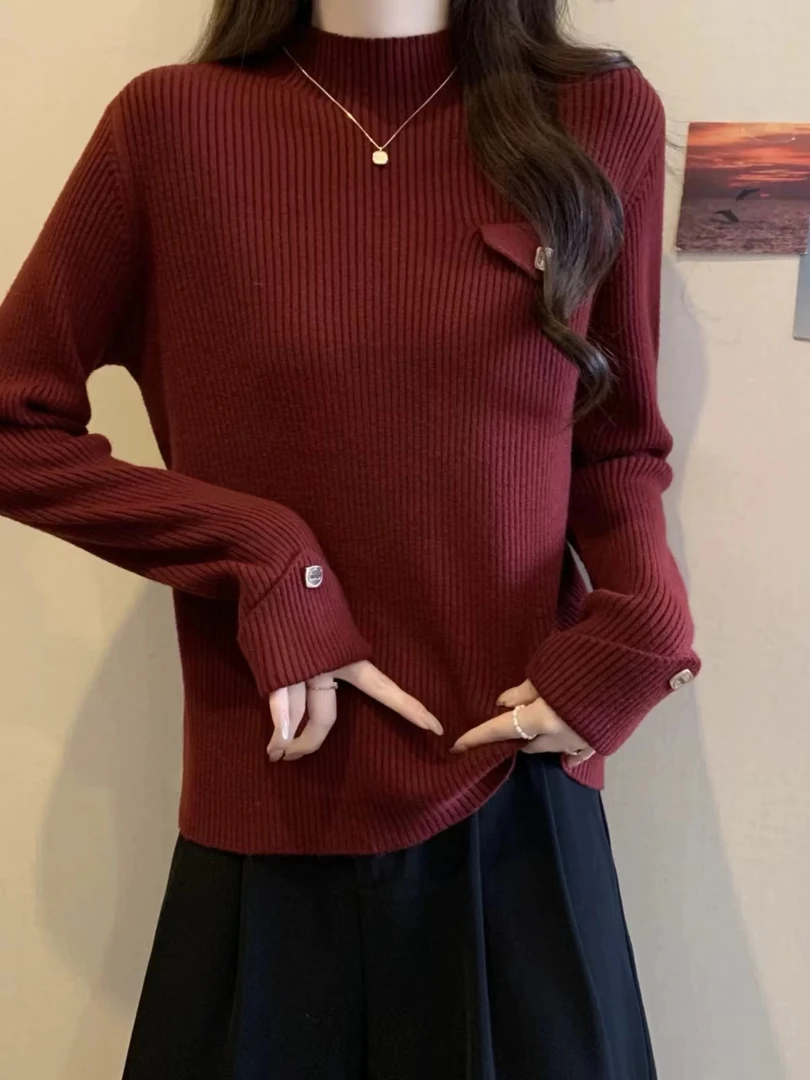 高级感安可拉红色半高领针织衫毛衣女秋冬大码胖mm内搭打底衫上衣