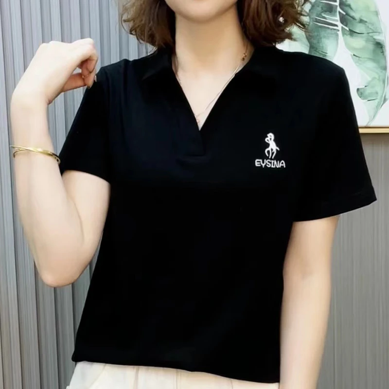 夏装新款时尚百搭Polo领纯色短袖t恤女气质减龄宽松显瘦休闲上衣