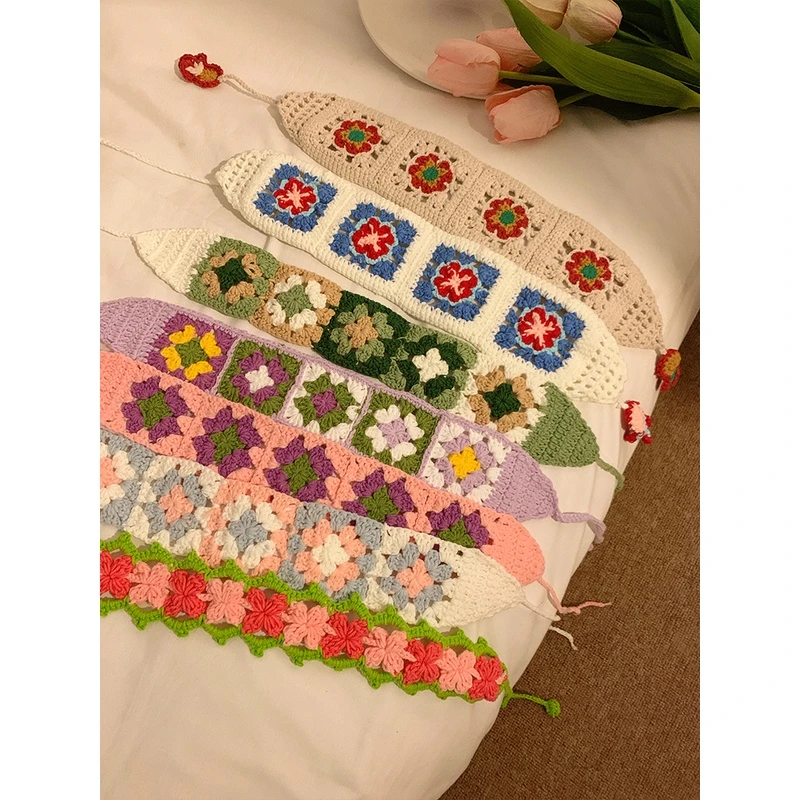 多巴胺穿搭民族风花朵三角巾发带女头巾手工针织森系田园风拍照