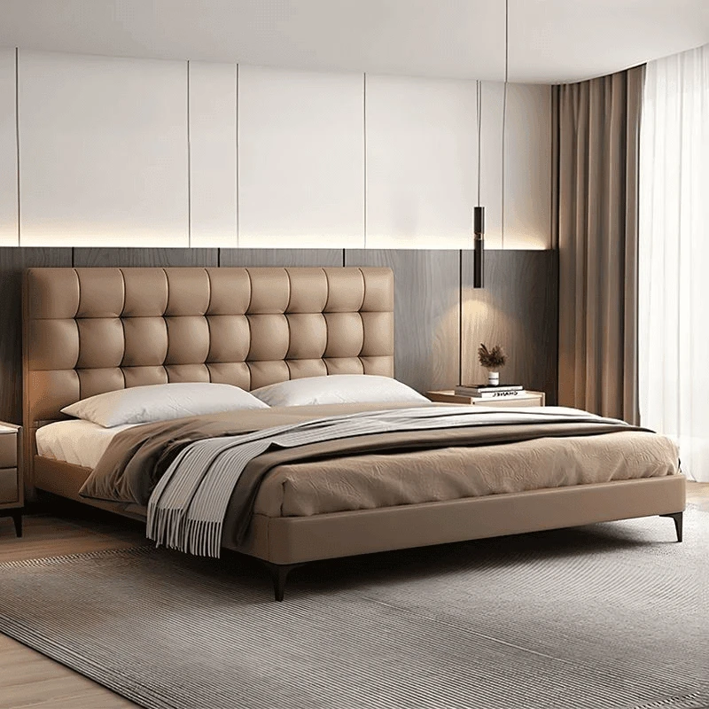 华夫格头层牛皮床主卧床婚床轻奢储物床百搭小户型床1.8米双人床