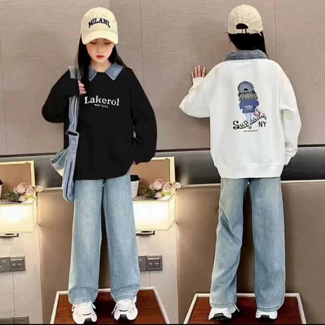 女童12-15岁卫衣新款后背印花阔腿裤套装童装儿童中大童翻领卫衣