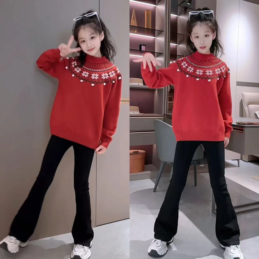 女童毛衣秋冬2024新款洋气女大童加绒弹力喇叭裤套装冬款加厚毛衣