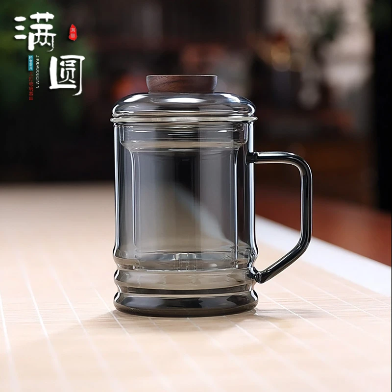 轻奢耐热玻璃创意腰棱泡茶杯烟灰主人杯高档家用带盖办公杯茶水杯