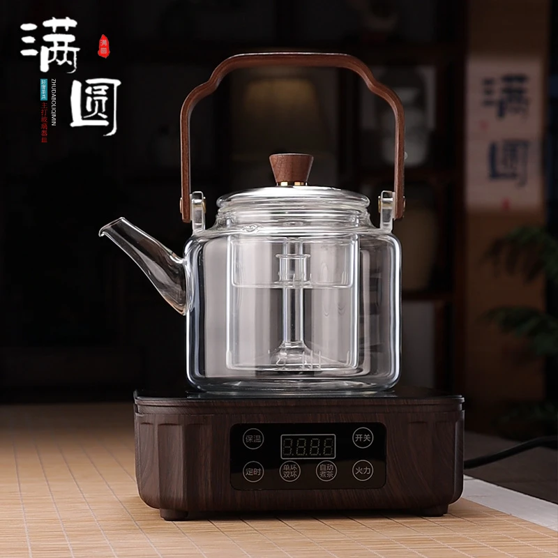 轻奢胡桃木蒸煮一体玻璃提梁茶壶耐高温茶壶家用电陶炉烧水壶蒸茶