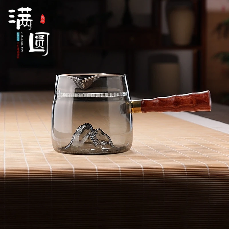 复古山底月牙公道杯耐热玻璃过滤一体公道杯工夫泡茶实木侧把手工