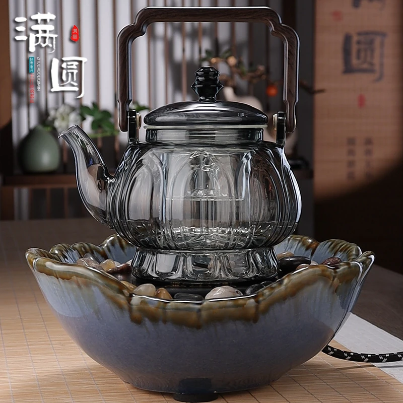 轻奢耐热莲花喷淋式玻璃茶壶侧把蒸煮一体电陶炉围炉蒸煮茶专用壶