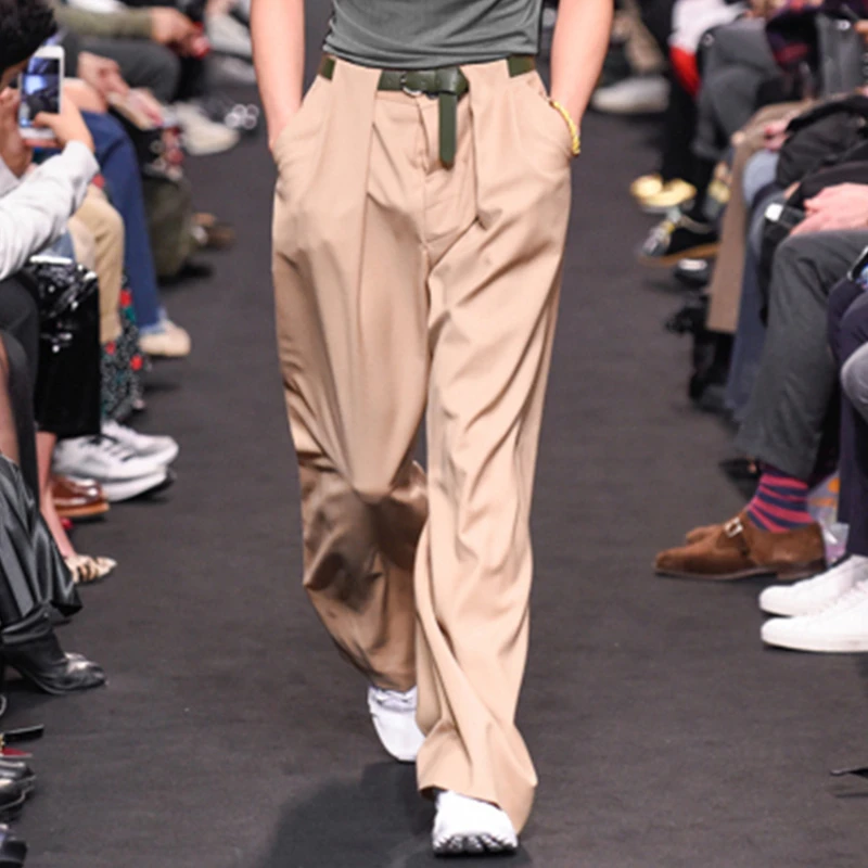 高端定制可大码 男士中腰长裤高街ins明星款进口醋酸阔腿直筒裤男