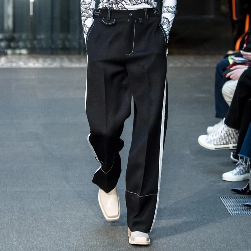 男士休闲裤潮牌黑白拼接阔腿裤拼色艺术那不勒斯宽松直筒裤长裤