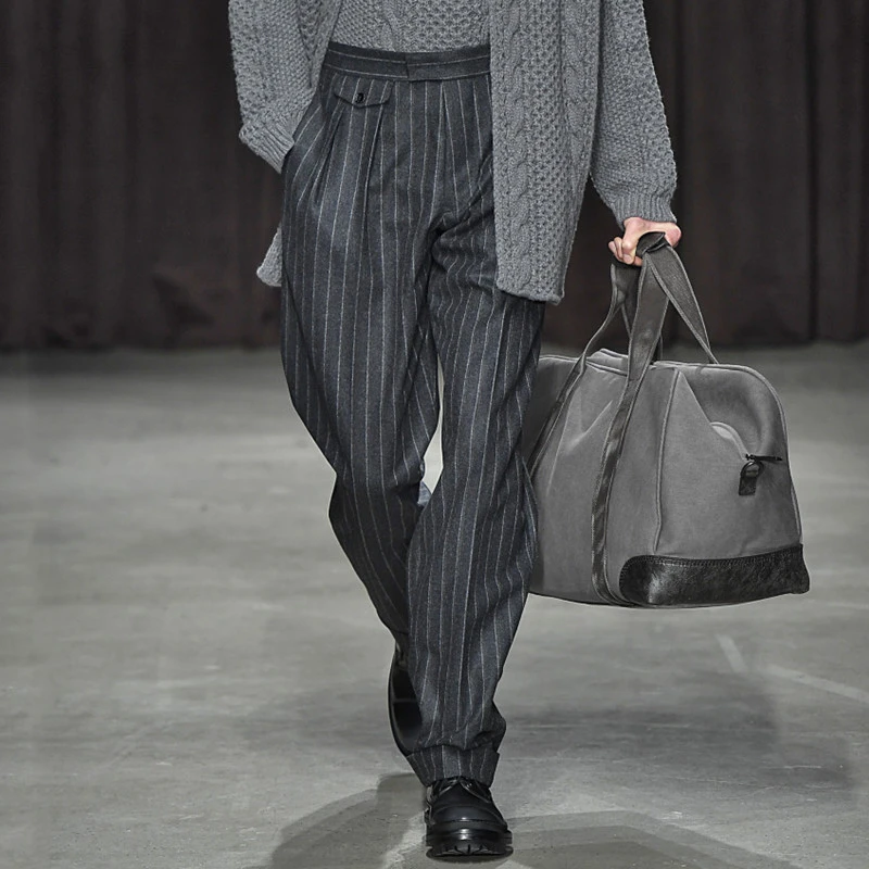 男士秋冬时髦意式那不勒斯宽松直筒条纹羊毛呢西裤呢子商务休闲裤