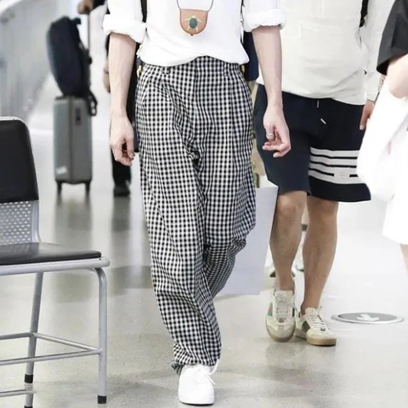 男士休闲裤2025秋季井柏然潮牌同款英伦长裤宽松黑白棋盘格子裤男
