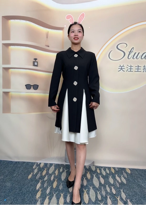 2025年新品下摆开衩拼接珠钻扣连衣裙