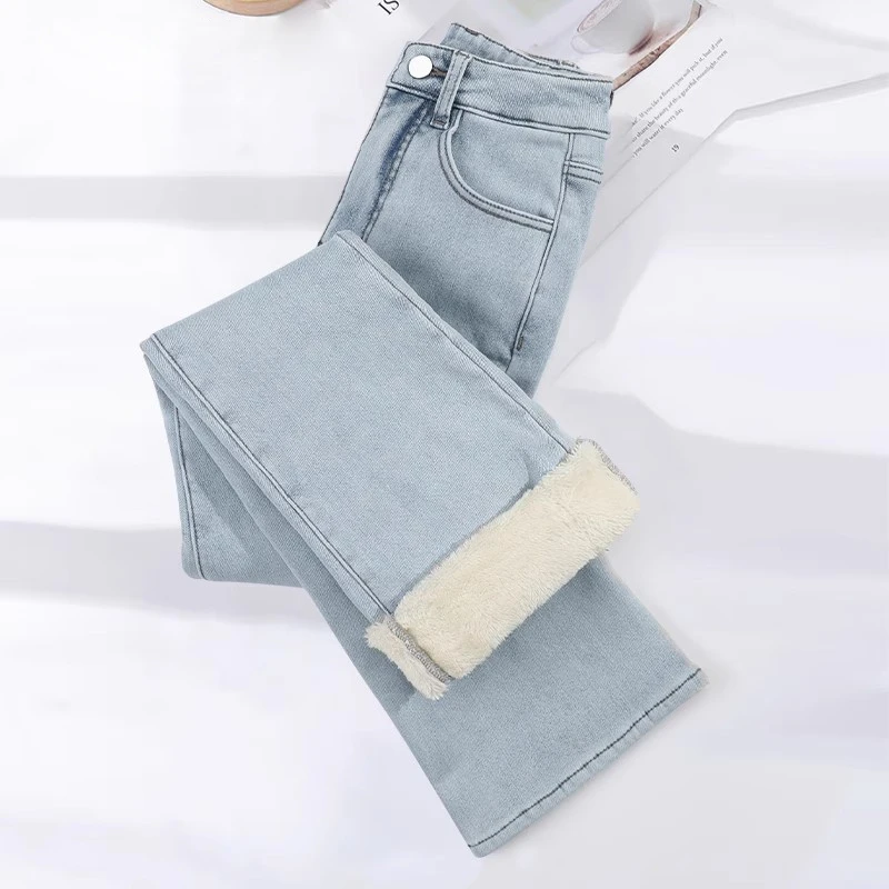 浅色加绒加厚微喇牛仔裤女2025秋冬爆款高腰弹力不贴腿喇叭马蹄裤