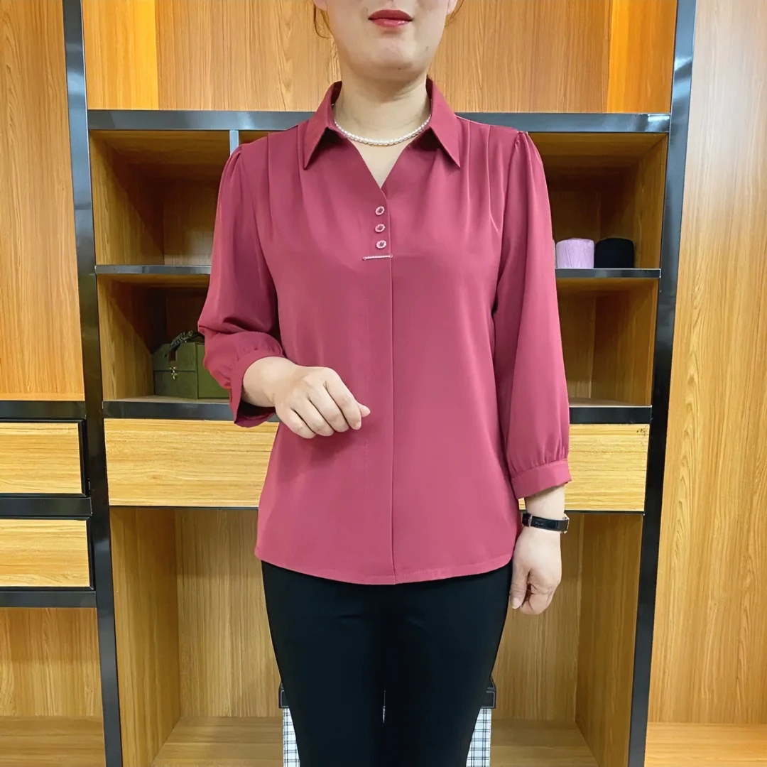 中年妈妈夏装女新款t恤套头翻领衬衫女洋气纯色大码宽松显瘦上衣