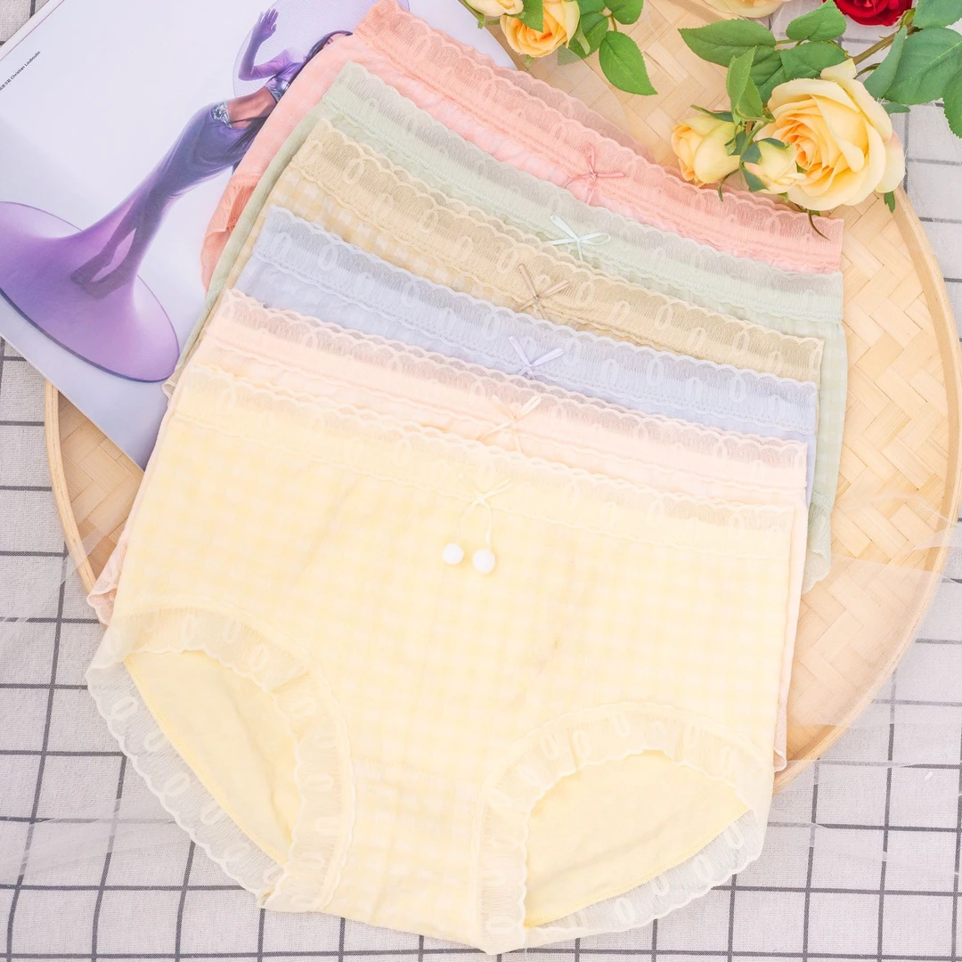 8805654大码华夫格透气舒适高弹力少女中高腰大码女士内裤