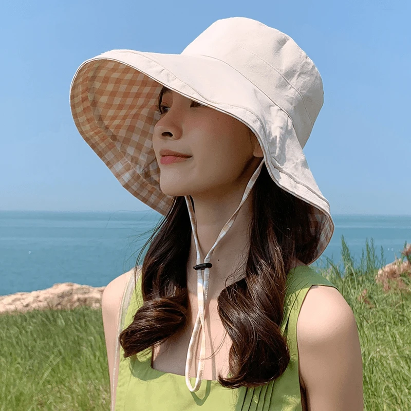 太阳帽女款2024新款可折叠夏季大帽檐防晒遮阳帽遮脸格子渔夫帽子