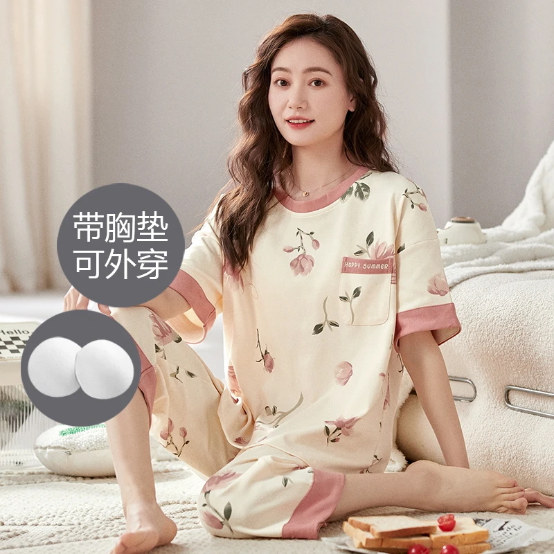 新款女士夏季短袖七分裤睡衣套装休闲卡通223804（带胸垫）