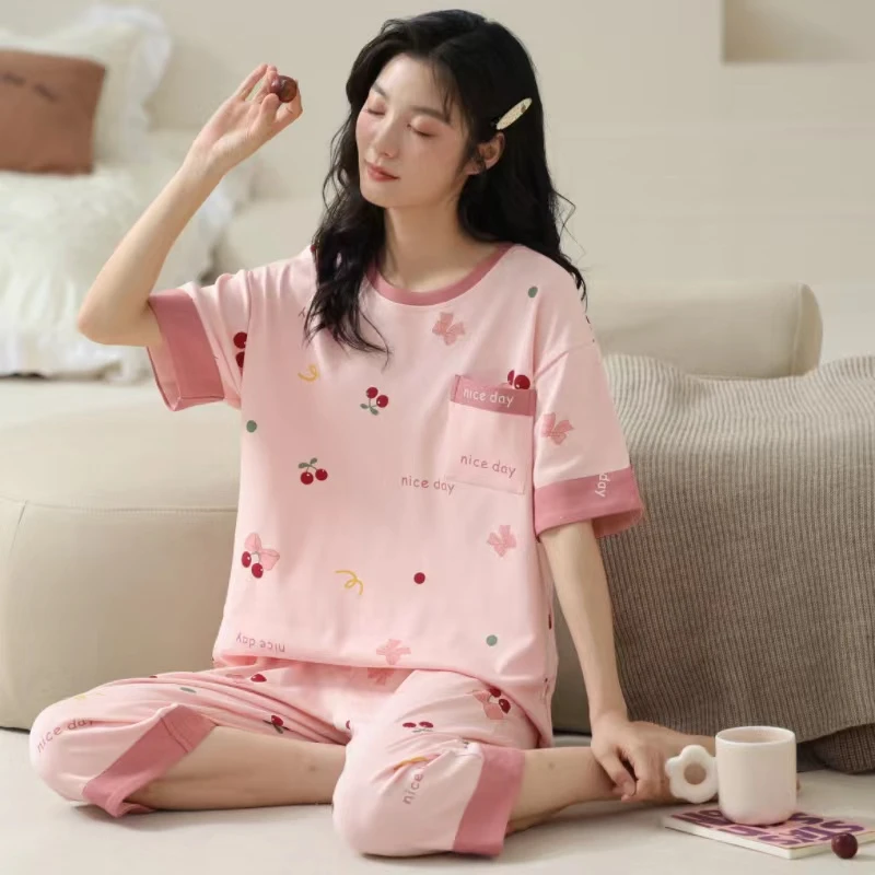【拍一发三】夏季纯棉短袖七分裤睡衣女家居服