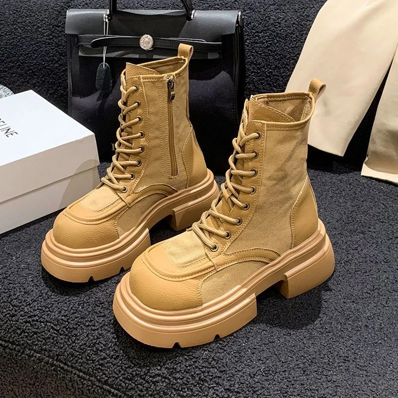 玛俪斯盾●2024新款马丁靴女高端帆布网红百搭增高软底英伦风靴子